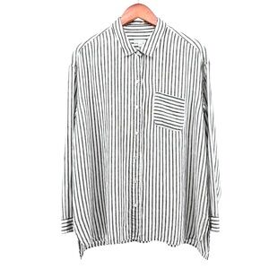 J.Jill Love Linen Stepped Hem Button Down Tunic Shirt Large Striped Black White